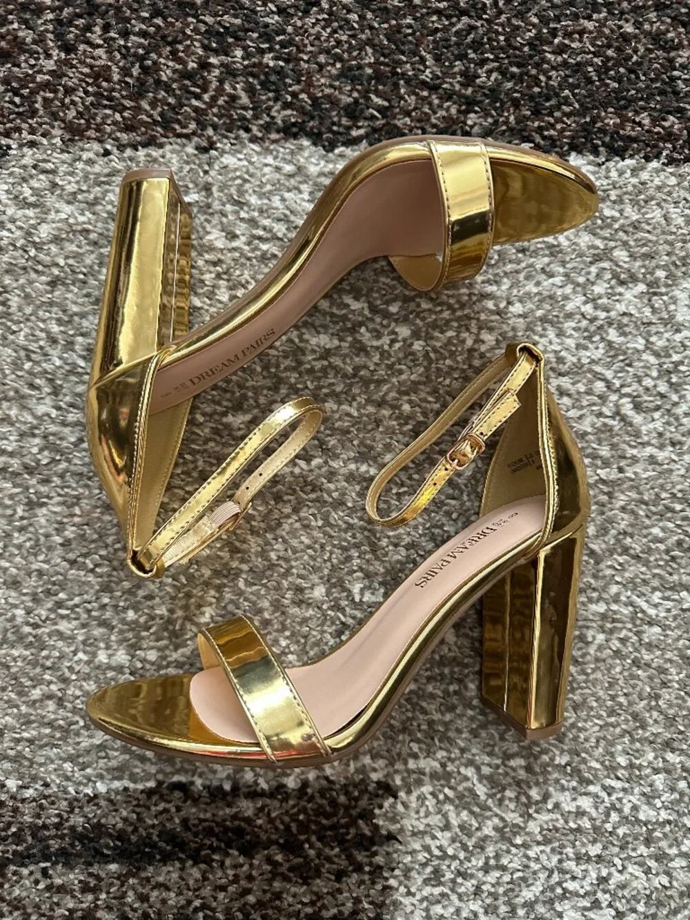 DREAM PAIRS (8) Metallic Gold Hi-Chunk High Heels Sandals Chunky Ankle Patent